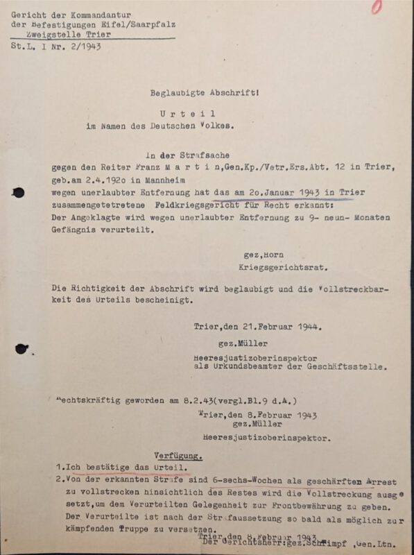 Urteilsdokument aus der Akte von Franz Adolf Martin