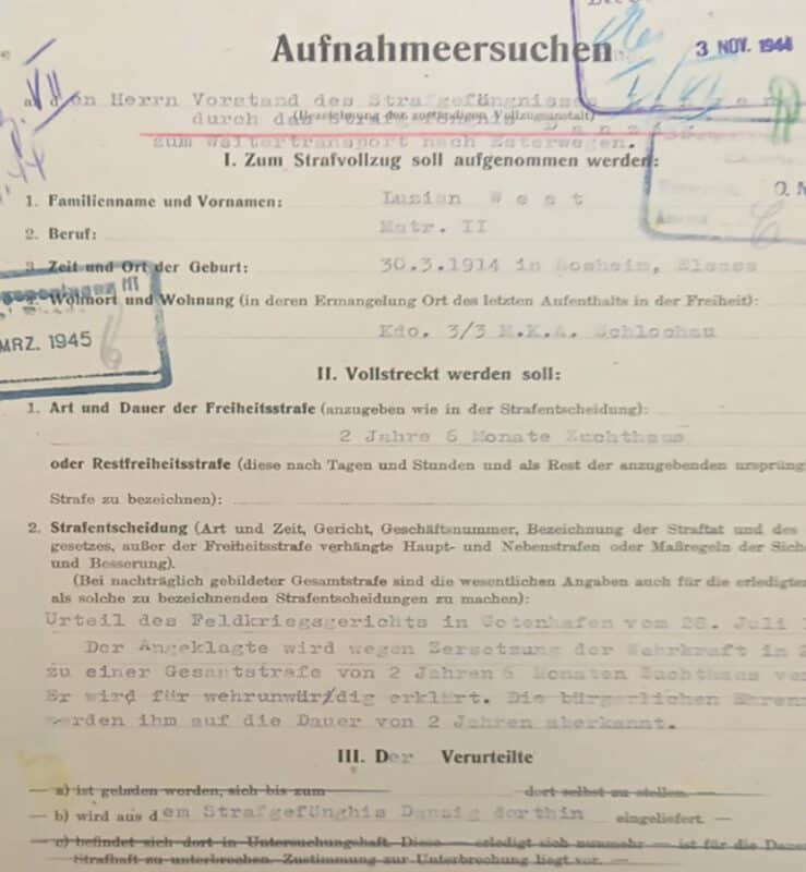 Dokument aus der Akte von Luzian West mit Aufnahmeersuchen