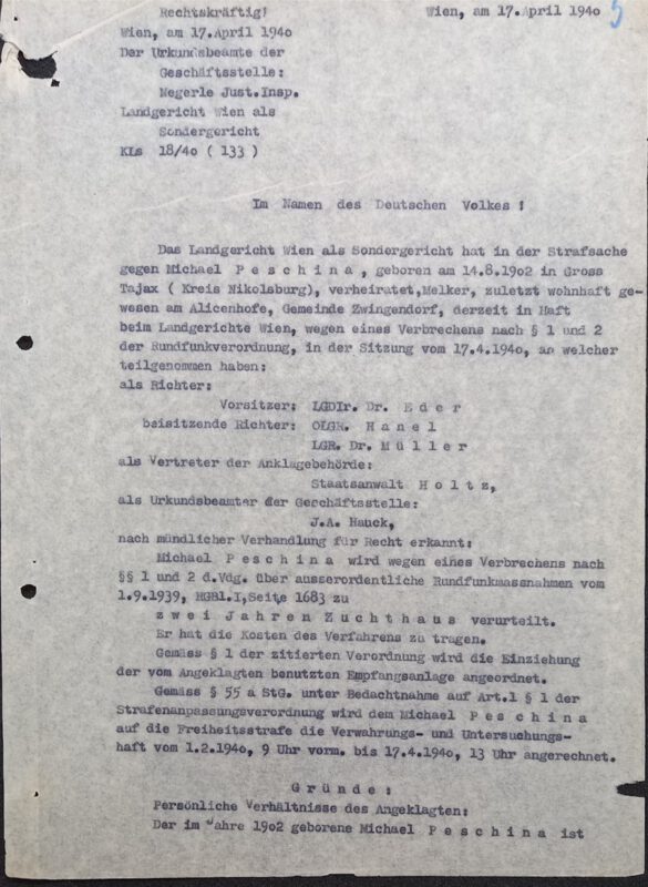 Urteilsdokument aus der Akte von Michael Peschina