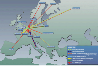Europakarte mit Wegen von Gefangenen und Lagerstandorten