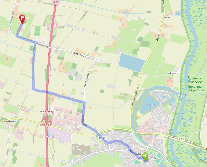 Aktuelle Orientierungskarte mit Route zwischen Ludgerusschule Rhede und Lager III Brual-Rhede